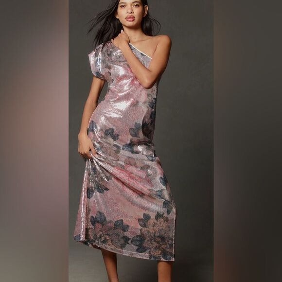 Anthropologie One Shoulder Sequin Floral Dress - Pink and Black - Picture 1 of 6